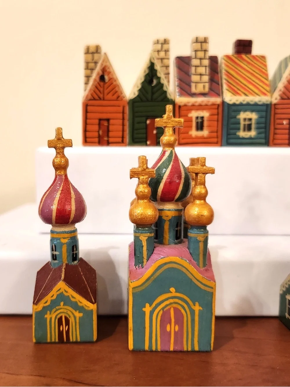 10 pc. Incredible Vintage Hand Painted Wood Russian Churches & Village Folk Art